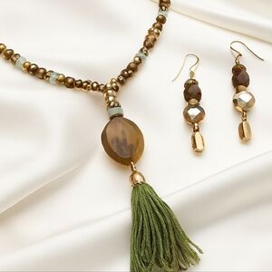 AVENUE Gold Beaded Tassel Necklace & Matching Earrings - Fashion Jewelrty 50"